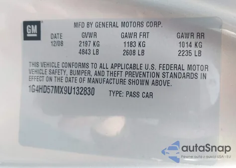 2009 Buick Lucerne Cxl-4 из США, поврежденный, VIN 1G4HD57MX9U132830